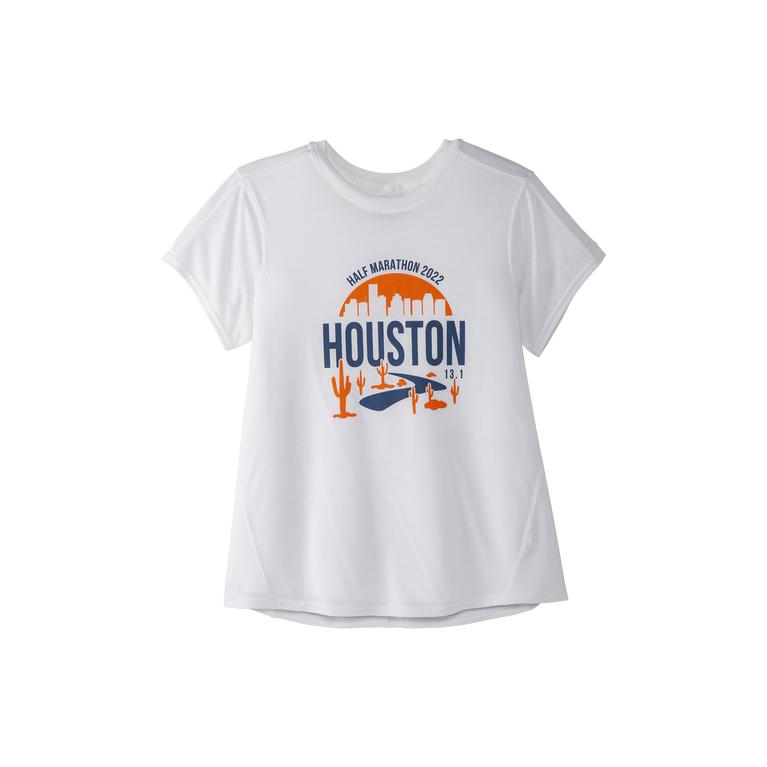 Brooks Women's HOUSTON22 DISTANCE GRAPHIC SS Short Sleeve Running Shirt - White/13.1 Desert - Canada